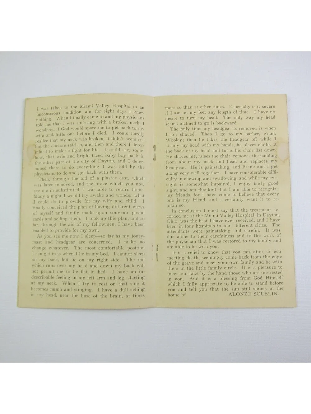 Antique 1906 Pamphlet Alonzo Souslin My Story of a Broken Neck NCR Dayton Ohio